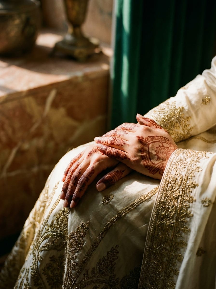Hands worked in henna resting on ivory silk with gold embroidery.