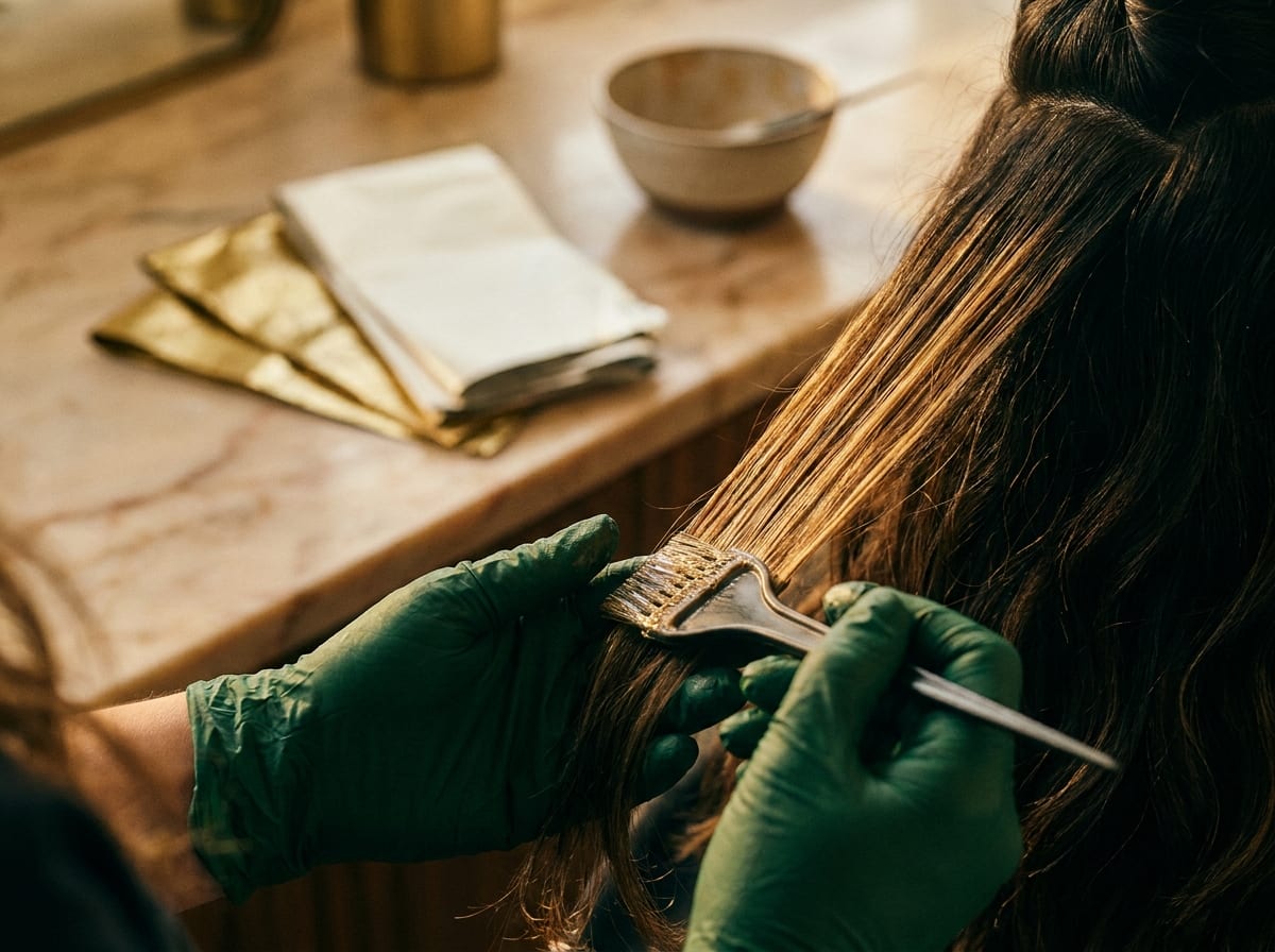 Gloved hands painting colour through a section of hair, gold foils resting on marble.