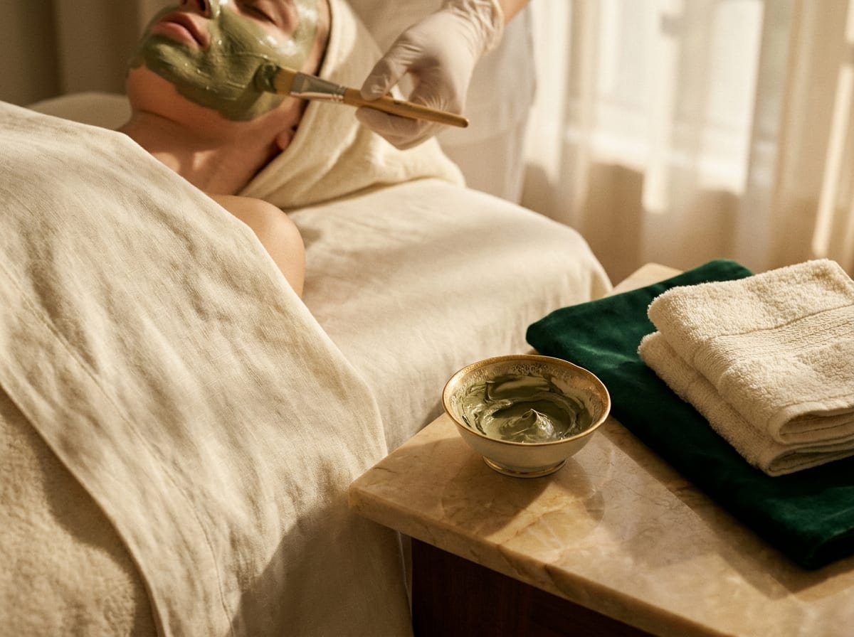 A clay mask being brushed on during a facial, warm towels and a gold-rimmed bowl on marble.