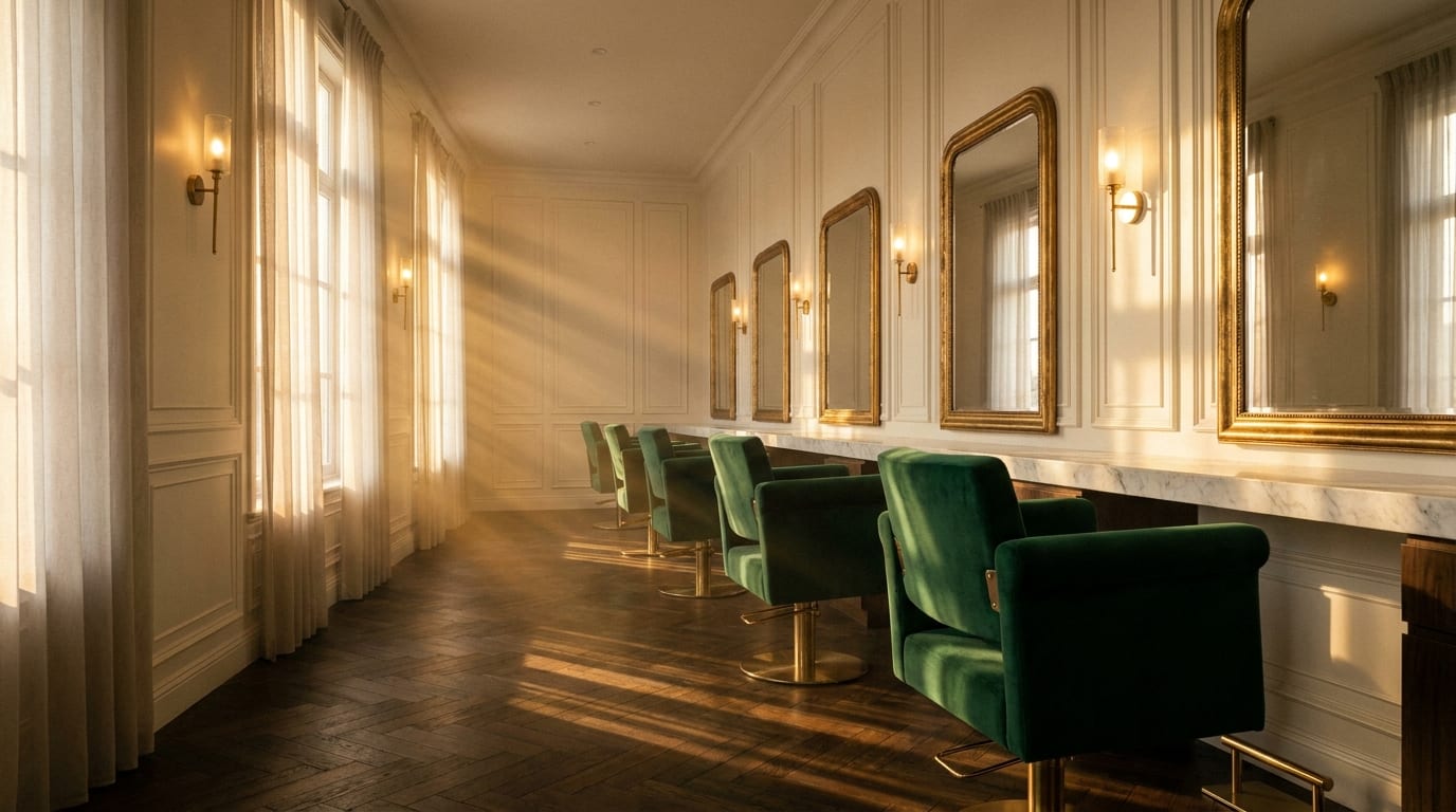 A receding row of velvet styling chairs facing gilt mirrors, late sun across the floor.