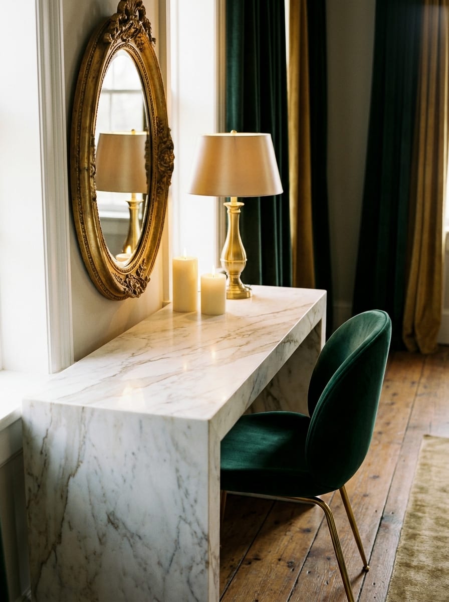 A gilt oval mirror above a marble console, brass lamp lit, velvet chair drawn up.
