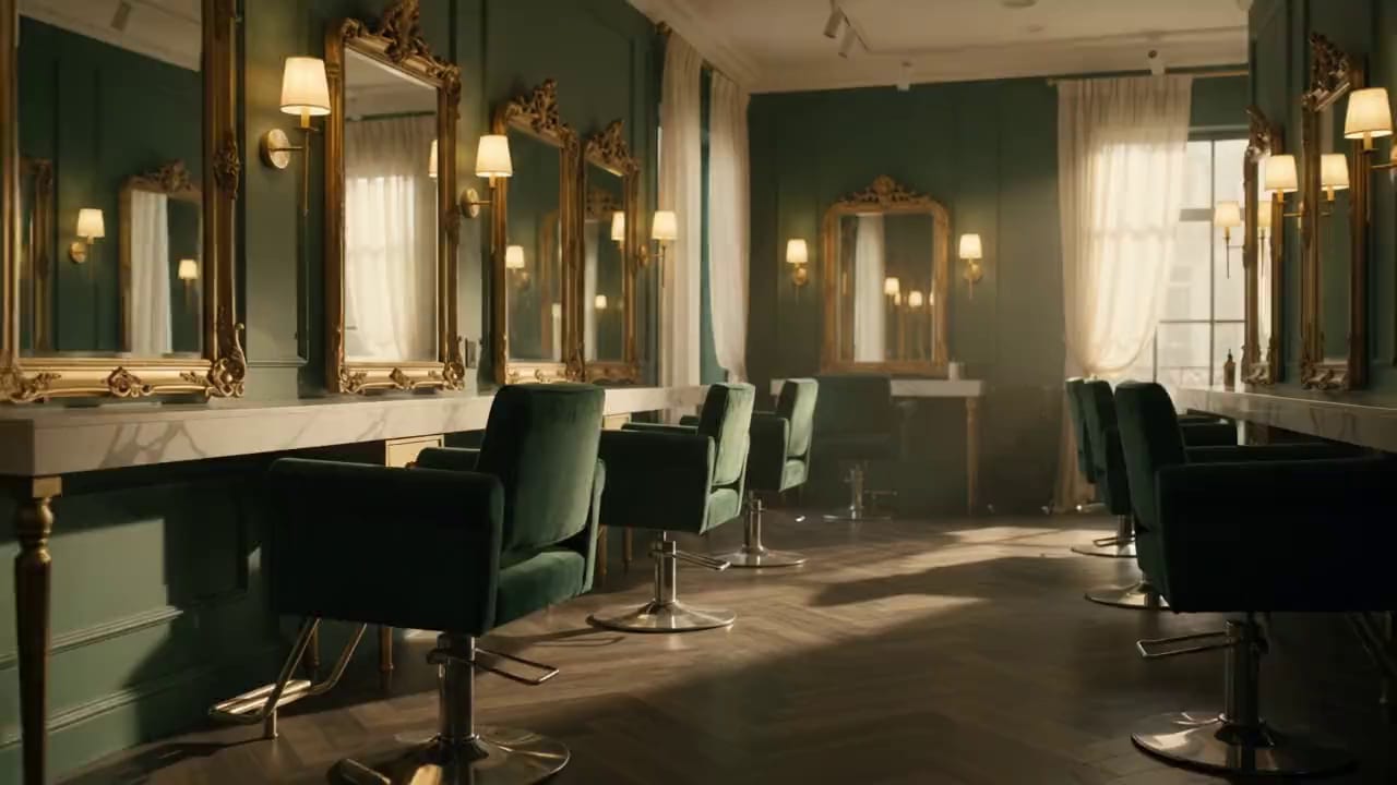 The Starglow salon floor at golden hour — styling chairs facing gilt mirrors above marble counters.